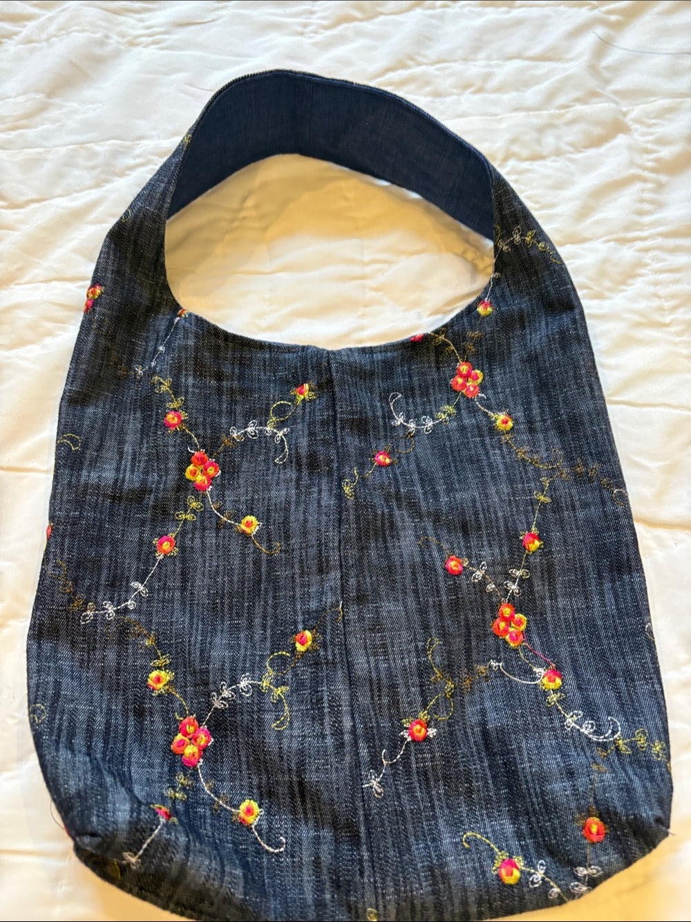Upcycled Dark Blue Floral Denim  Embroidered Shoulder Bag